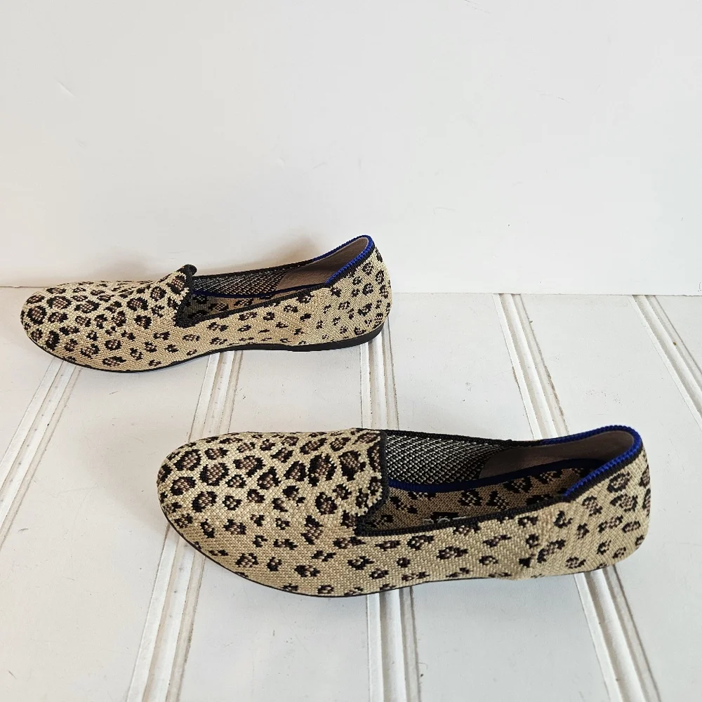 Rothy's The Loafer Size 6 Spotted Leopard Knit Washable Slip On Flats Tan Black